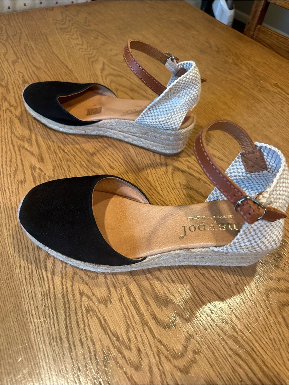 Black and Cream Espadrille Wedge Sandals with Brown Ankle Strap.